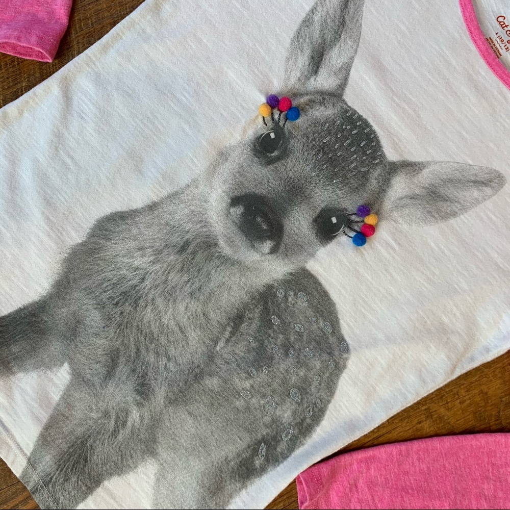 Cat & Jack Fawn With Pompoms Pink & White Girls 10/12 Long Sleeve Raglan Tee - Picture 7 of 8